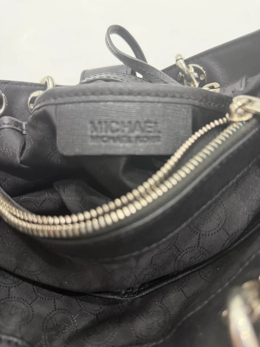 MICHAEL KORS Black Tote Shoulder Bag Silver Chain Strap MK Charm Classic